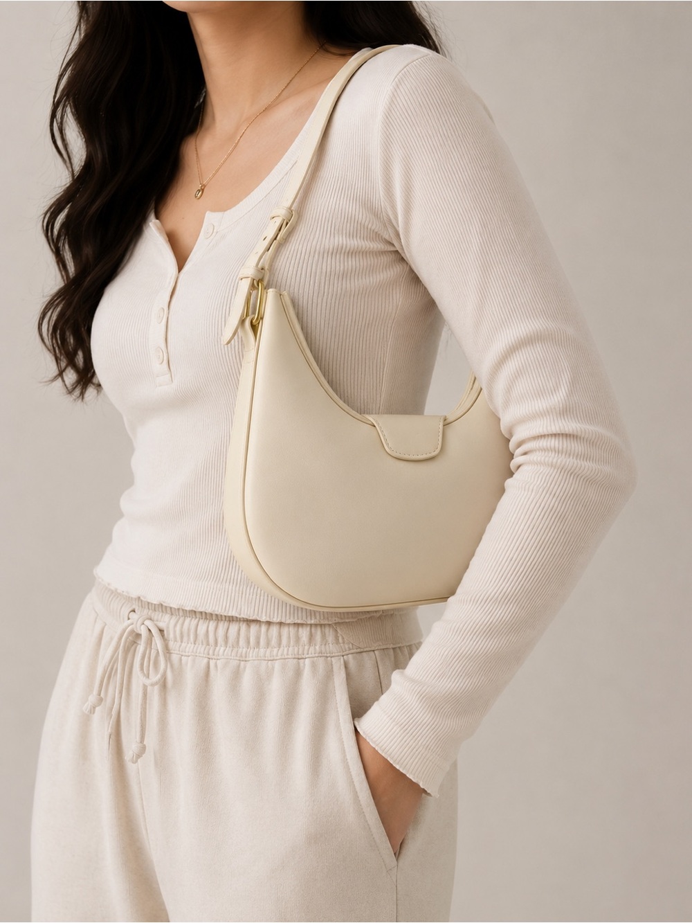 Madison West Ivory Vegan Leather Neutral Minimalist Shoulder Bag Purse - Picture 2 of 12